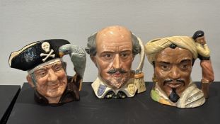 Three Royal Doulton character jugs: Long John Silver, Shakespeare and Othello