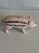 Cast iron pig money box harrisons Hams