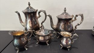 Rococo-style silver-plated service comprising coffee pot, teapot, lidded sugar bowl, cream jug and