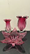 Three Murano cranberry sommerso art glass pieces