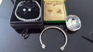 Simulated diamond earrings & necklace, white metal