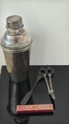 Vintage cocktail shaker, wick trimmers and grooming tools, 5 pcs