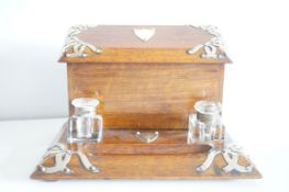 Wooden ornate letter rack, inkwell & pen tray