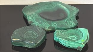 Three polished malachite decorative slabs