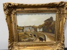 Small oil on canvas bridge scene signed Tom Riley