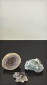 Three Mineral Specimens: Agate Geode, Celestite, Smoky Quartz