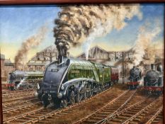 Large oil on canvas steam train signed Tom Holland