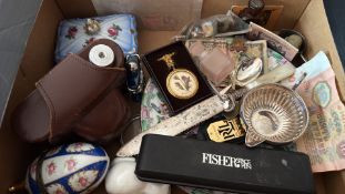 Box lot of assorted silver, porcelain and vintage curios