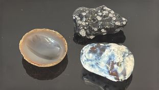 Three Mineral Specimens: Agate Slice, Snowflake Obsidian & Tumbled Blue Agate
