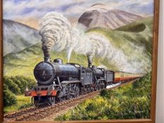 Large oil on canvas steam train signed Tom Holland