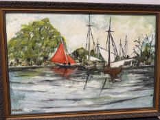 Oil on Board impressionist boat yard scene signed