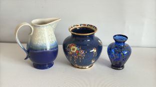 Portmeirion jug, Arcadian Ware vase and cobalt glass vase (3)