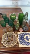 Collection of Victorian tiles, green glassware and art-glass paperweights (14pcs)