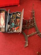 Pair of childs bench ends together with a toolbox