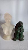 Frosted glass female bust and green glazed ceramic spaniel