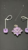 Silver pendant & earring set, set with amethyst