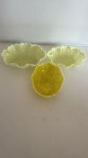 Set of three vaseline glass leaf-pattern bowls
