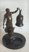 Bronze Blacksmith and Bell Figural Ashtray on Marble Base