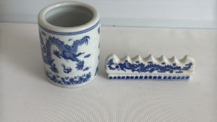 Blue and white porcelain brush pot and brush rest