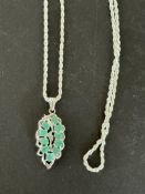 Silver necklace & silver pendant with green stones
