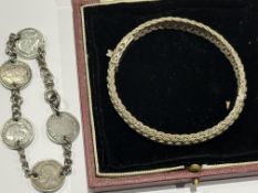 Silver bracelet together with a coin bracelet