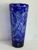 Blue bohemian glass etched vase