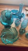 Group of teal art glass, 10pcs