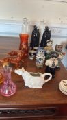 Assorted Wade ceramics, Wedgwood cow creamer, anthropomorphic cat figures, glass vases and animal