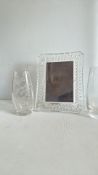 Waterford crystal photograph frame, with two Stuart crystal vases