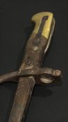 Late-19th-century French Model 1874 “Gras” epee bayonet; T-section steel blade, riveted wooden grips