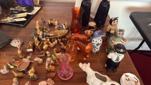 Collection of Wade Whimsies miniatures, character figures, decanters and glass bud vases (c.60)