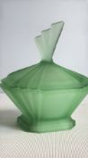 Art Deco satin green glass candlesticks and trinket pot, 3pcs