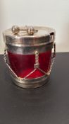 Silver-plate and cranberry glass drum-form mustard pot