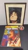 Marc Bolan memorabilia lot of three comprising framed colour portrait photograph autographed in
