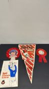 Four-piece Manchester United supporter’s ephemera lot: two red silk rosettes depicting George Best
