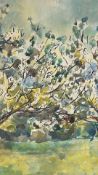 Arthur Giardelli - Watercolour landscape depicting blossoming orchard trees beneath a soft sky,