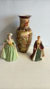 Two Franklin Porcelain Queens Figurines and Japanese Satsuma-Style Vase