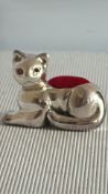 Silver cat pin cushion with ruby eyes