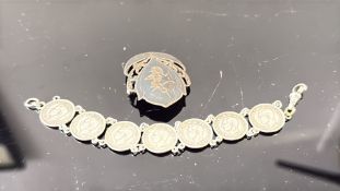 Silver coin bracelet & silver pin brooch