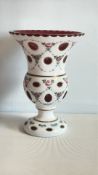 Bohemian white overlay cut-to-cranberry floral mantle vase