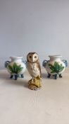 Whyte & Mackay owl decanter and pair HB Quimper lily-of-the-valley cache-pots