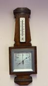 British oak cased wall barometer and thermometer