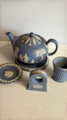 Wedgwood blue jasperware teapot, stand, dish and accessories, 5 pcs