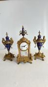 Gilt-metal and cobalt porcelain garniture clock set
