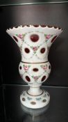 Bohemian white overlay cut-to-cranberry floral mantle vase
