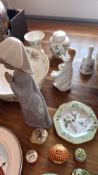 Group of porcelain tableware, figurines and enamel pill boxes