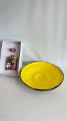 Yellow cased glass bowl and boxed decorative hip flask with cup