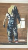 Signed painting of child with covered head by Kelly (39cm x 31cm)