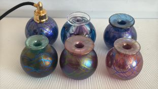 Adrian Sankey iridescent glass miniatures and atomiser, six pieces