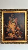 Still life oil painting with flowers, fruit and birds